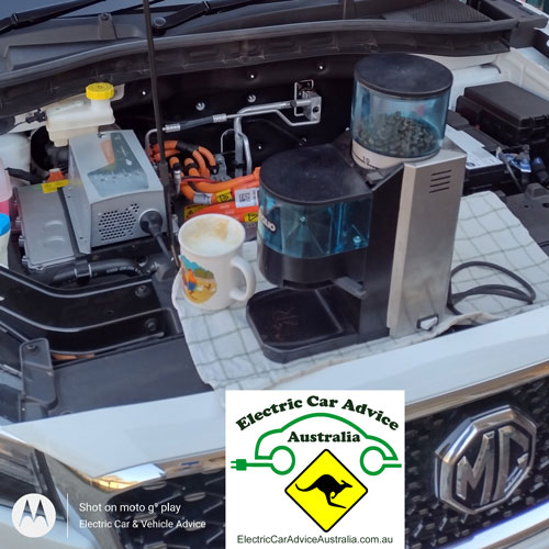 Electric Car Advice Australia MG ZS EV showing coffee machine being run from EV battery