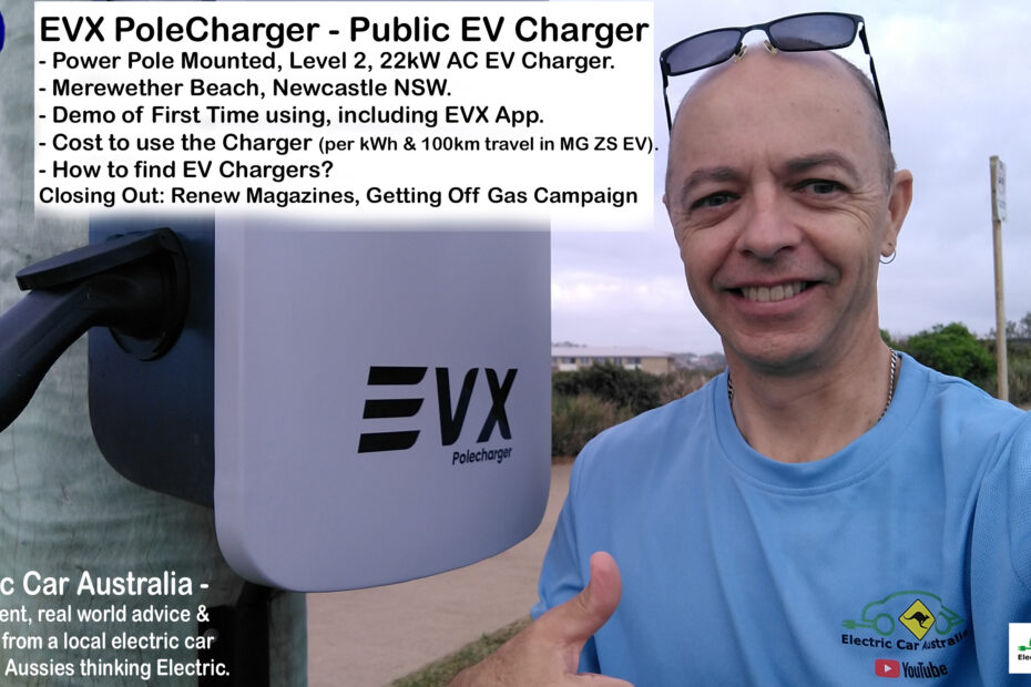 Greg from Electric Car Australia YouTube channel standing with EVX PoleCharger, public power pole EV charger in Newcastle, NSW.